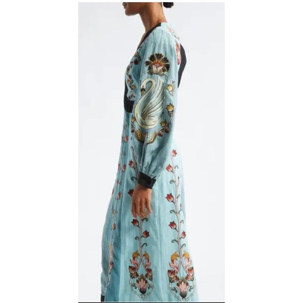 New! Farm Rio Flowing Beauty Blue Embroidered Long Sleeve  A-Linen Dress SzS - Picture 5 of 11